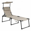 Chaise longue pliante en acier et polyester beige avec pare-soleil