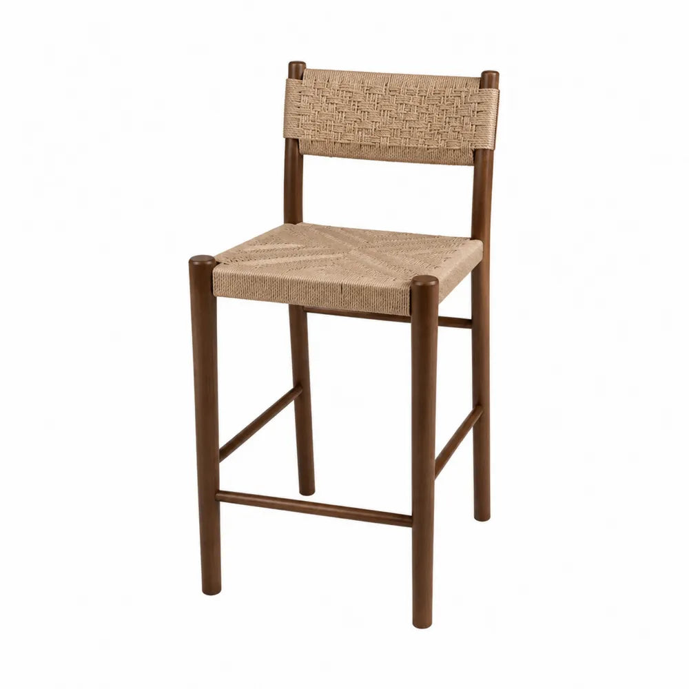 Tabouret de bar en bois avec assise et dossier en corde de jute tressée