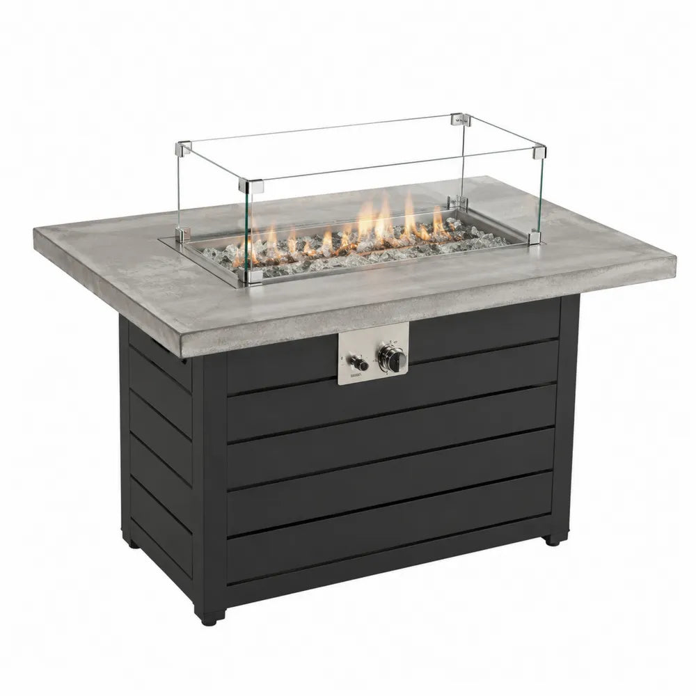 Table de feu en métal noir et gris avec verre trempé