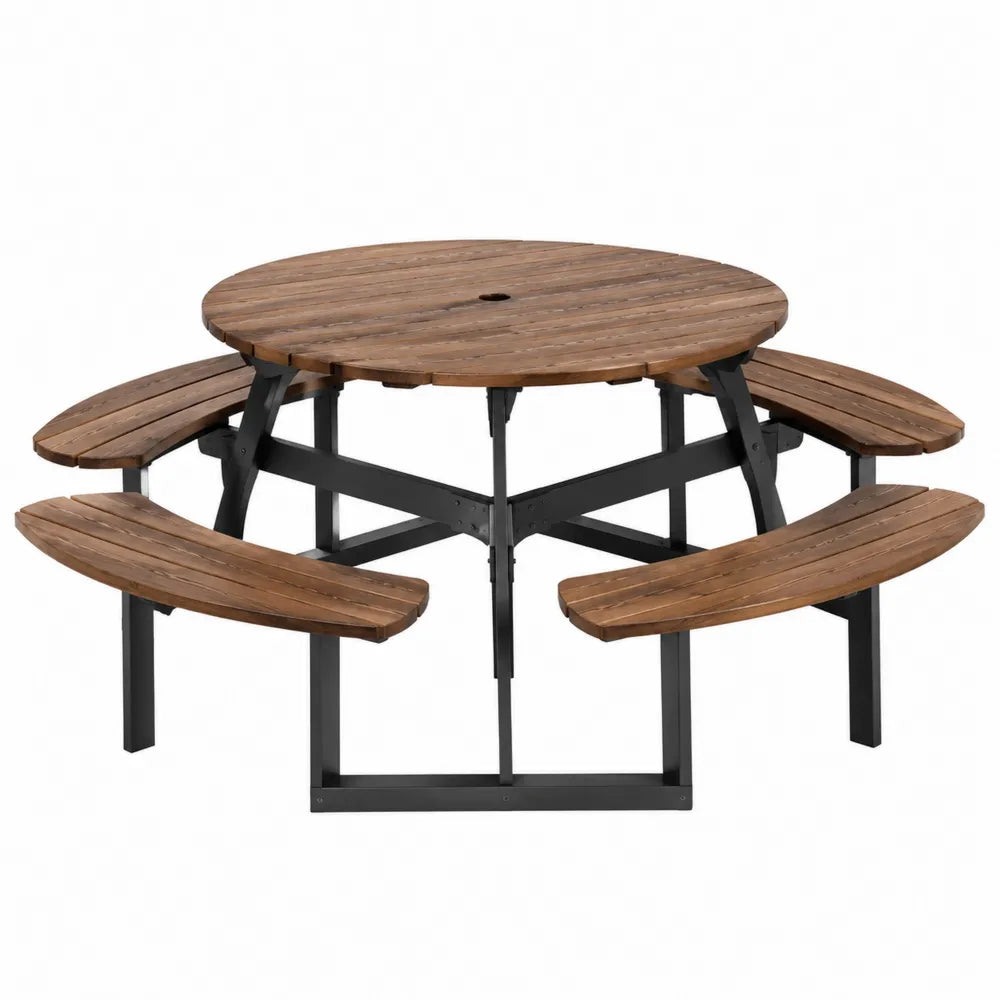 Table ronde en bois et métal avec bancs intégrés