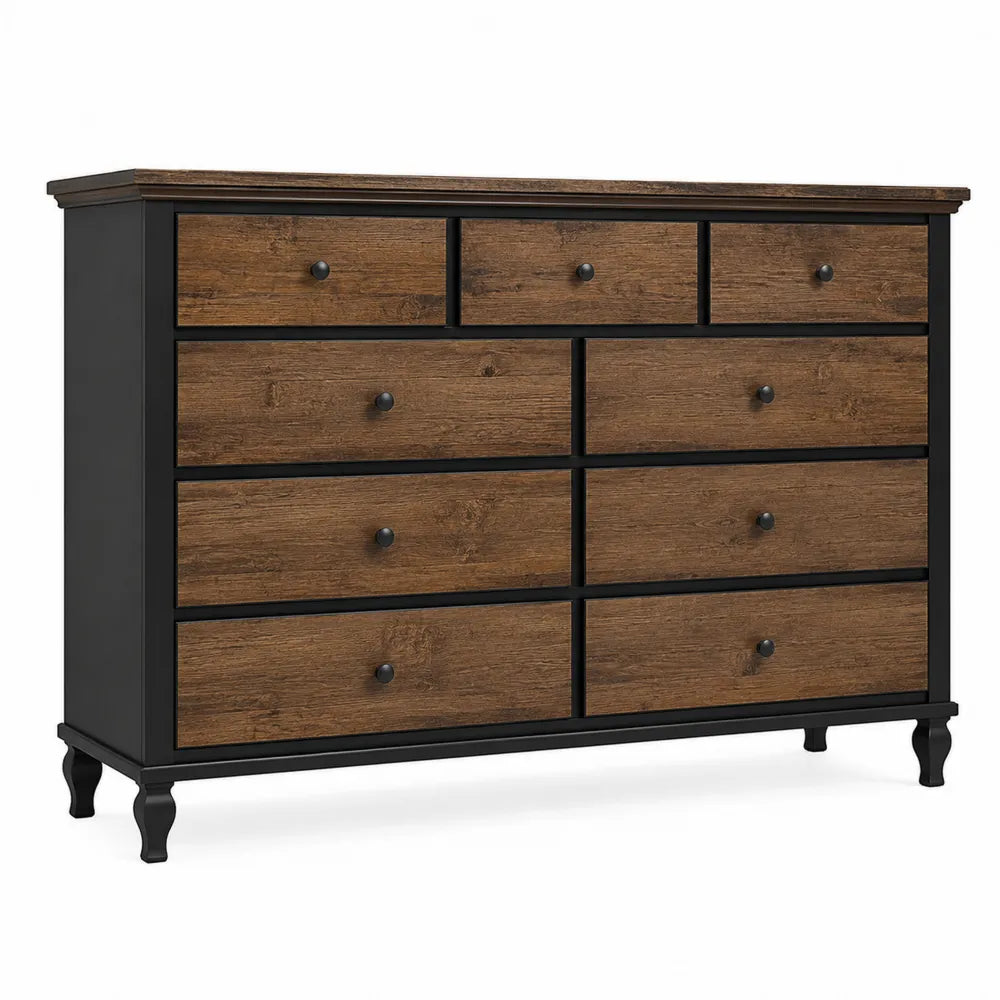Commode 10 tiroirs en bois MDF et métal Marron/Noir